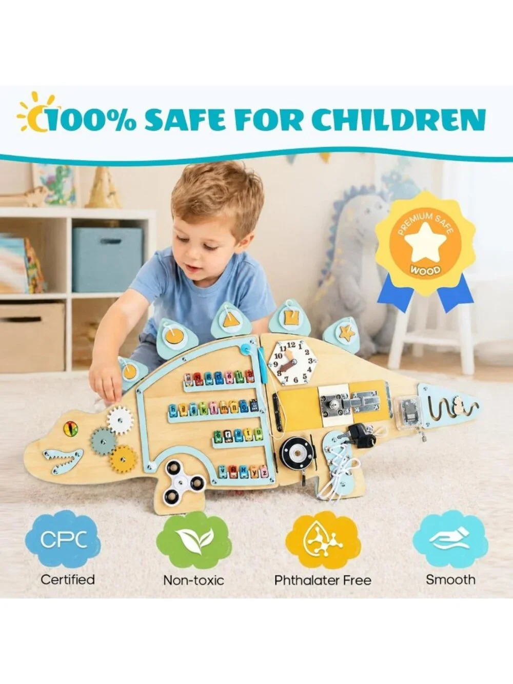 Wooden Dinosaur Busy Board - Wall Mounted Montessori Sensory Activity Panel
